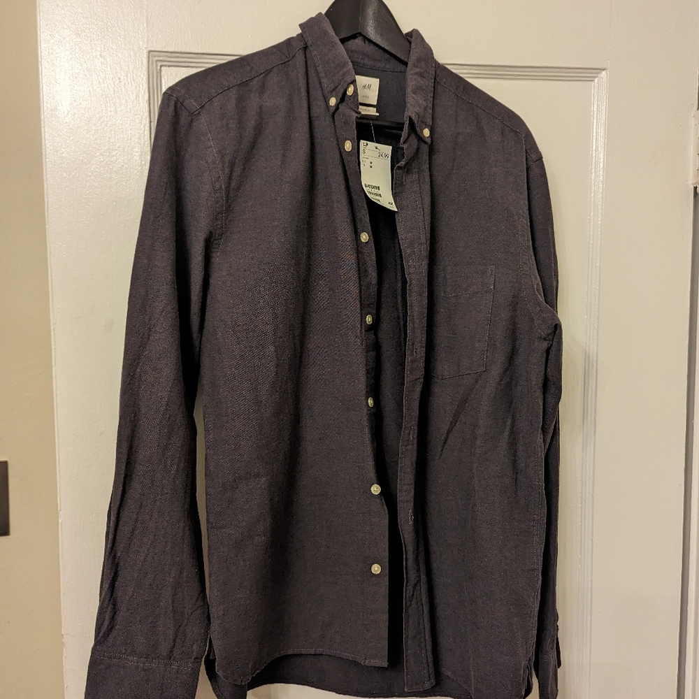 Men's medium h&m medium grey cotton linen like button down long sleeve shirt